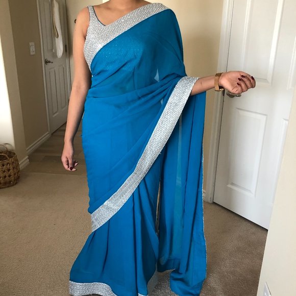 Other - Beautiful Blue Indian Saree With Silver Border